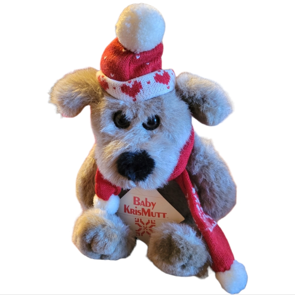 VTG KRISMUTT STUFFED GRAY DOG RED HAT MITTENS BIG BROWN
